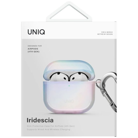 Apsauginis baltas dėklas AirPods 4 su karabinu Uniq Iridescia