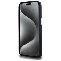Juodas iPhone 15 dėklas su MagSafe funkcija ir metaline plokštele Karl Lagerfeld