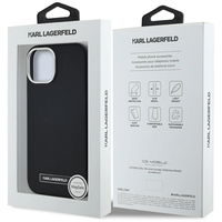 Juodas iPhone 15 dėklas su MagSafe funkcija ir metaline plokštele Karl Lagerfeld