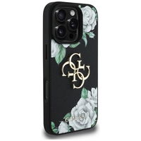 Juodas grublėtas iPhone 16 Pro dėklas su 4G logotipu Guess
