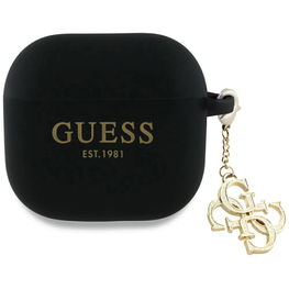 Juodas silikoninis AirPods 4 dėklas su pakabuku Guess