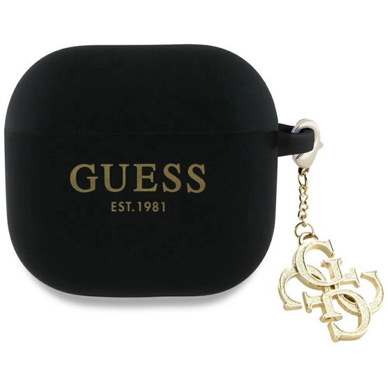 Juodas silikoninis AirPods 4 dėklas su pakabuku Guess