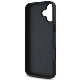 iPhone 16 juodas MagSafe dėklas su reljefiniu logotipu Guess