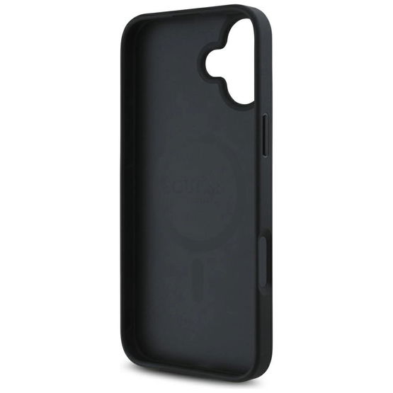 iPhone 16 juodas MagSafe dėklas su reljefiniu logotipu Guess