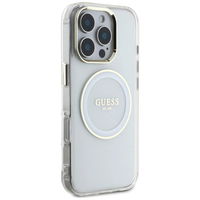 Permatomas baltas MagSafe dėklas iPhone 16 Pro su logotipu Guess