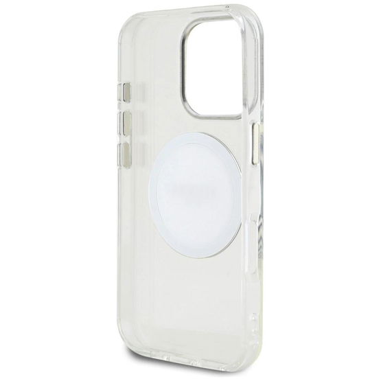 Permatomas baltas MagSafe dėklas iPhone 16 Pro su logotipu Guess