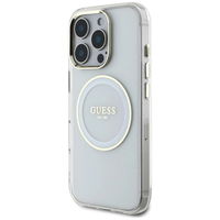 Permatomas baltas MagSafe dėklas iPhone 16 Pro su logotipu Guess