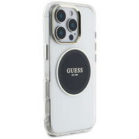 Permatomas juodas MagSafe dėklas iPhone 16 Pro su logotipu Guess
