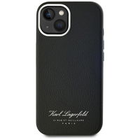 Juodas odinis iPhone 15 dėklas su apsauga Karl Lagerfeld