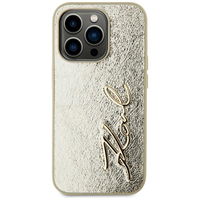 Auksinis telefonas dėklas iPhone 15 Pro su metaliniu paviršiumi Karl Lagerfeld
