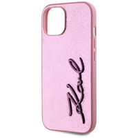 Rožinis silikoninis iPhone 15 dėklas su logotipu Karl Lagerfeld