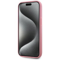 Rožinis silikoninis iPhone 15 dėklas su logotipu Karl Lagerfeld