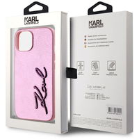 Rožinis silikoninis iPhone 15 dėklas su logotipu Karl Lagerfeld