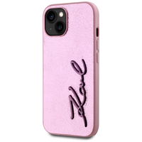 Rožinis silikoninis iPhone 15 dėklas su logotipu Karl Lagerfeld