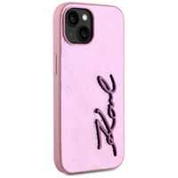 Rožinis silikoninis iPhone 15 dėklas su logotipu Karl Lagerfeld