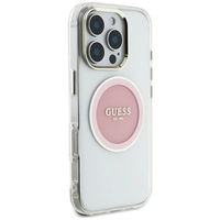 Skaidrus rožinis iPhone 16 Pro Max“ dėklas su MagSafe funkcija Guess