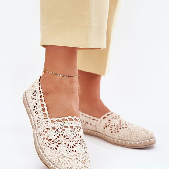 Moteriškos kreminės vasarinės nėriniuotos espadrilės