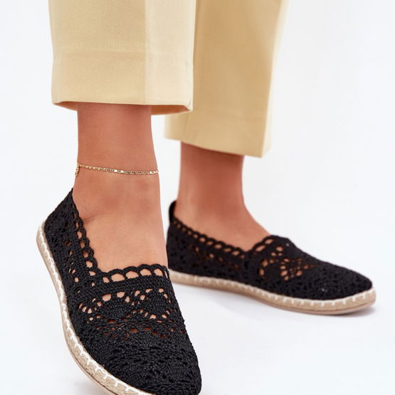Moteriškos juodos vasarinės nėriniuotos espadrilės