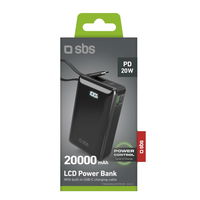 Išorinė baterija 20000 mAh su USB-C laidu ir ekranu SBS – juoda