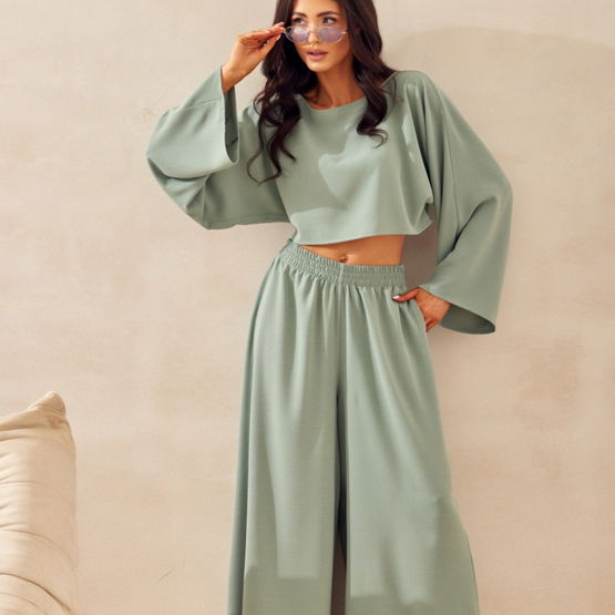 Moteriškos žalios plačios kelnės su guma Roco Fashion
