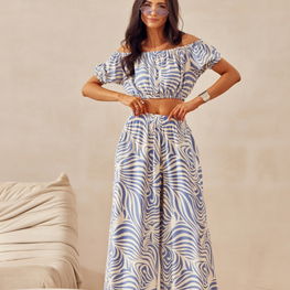 Platėjančios mėlynos vasarinės kelnės su raštu Roco Fashion