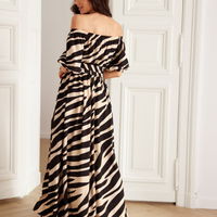 Ilga suknelė smėlio ir juoda su zebro raštu vasarai Roco Fashion