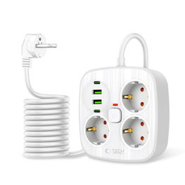 Maitinimo lizdas su USB, baltas, 3 kištukai ir 4 USB, 2 m laidu
