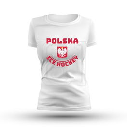 Marškinėliai moterims balti su Lenkijos ledo ritulio logotipu Srebiceplts